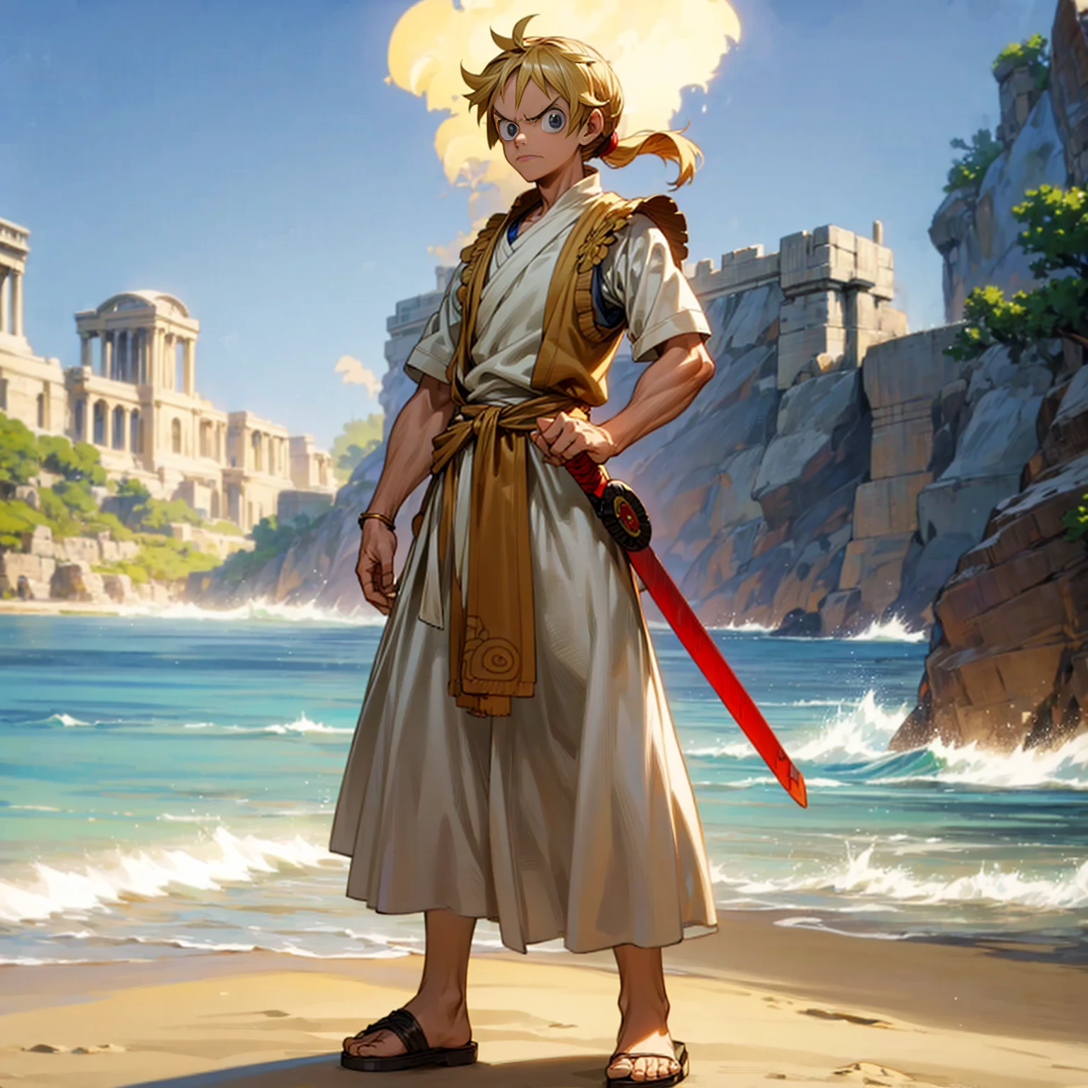 Solo character, straight man, muscle, Full body version, blue eyes, big eyes, Tan skin, long Shaggy hairstyle, blonde colour hair, ponytail, angry eyes, ancient Greek clothing, red colour clothing, ancient Greek sandals, sword in hand, armor vest, beach, island, outdoor, morning, standing gesture, detailed hair, detailed clothing, detailed background, (one piece style art, Doraemon style art)