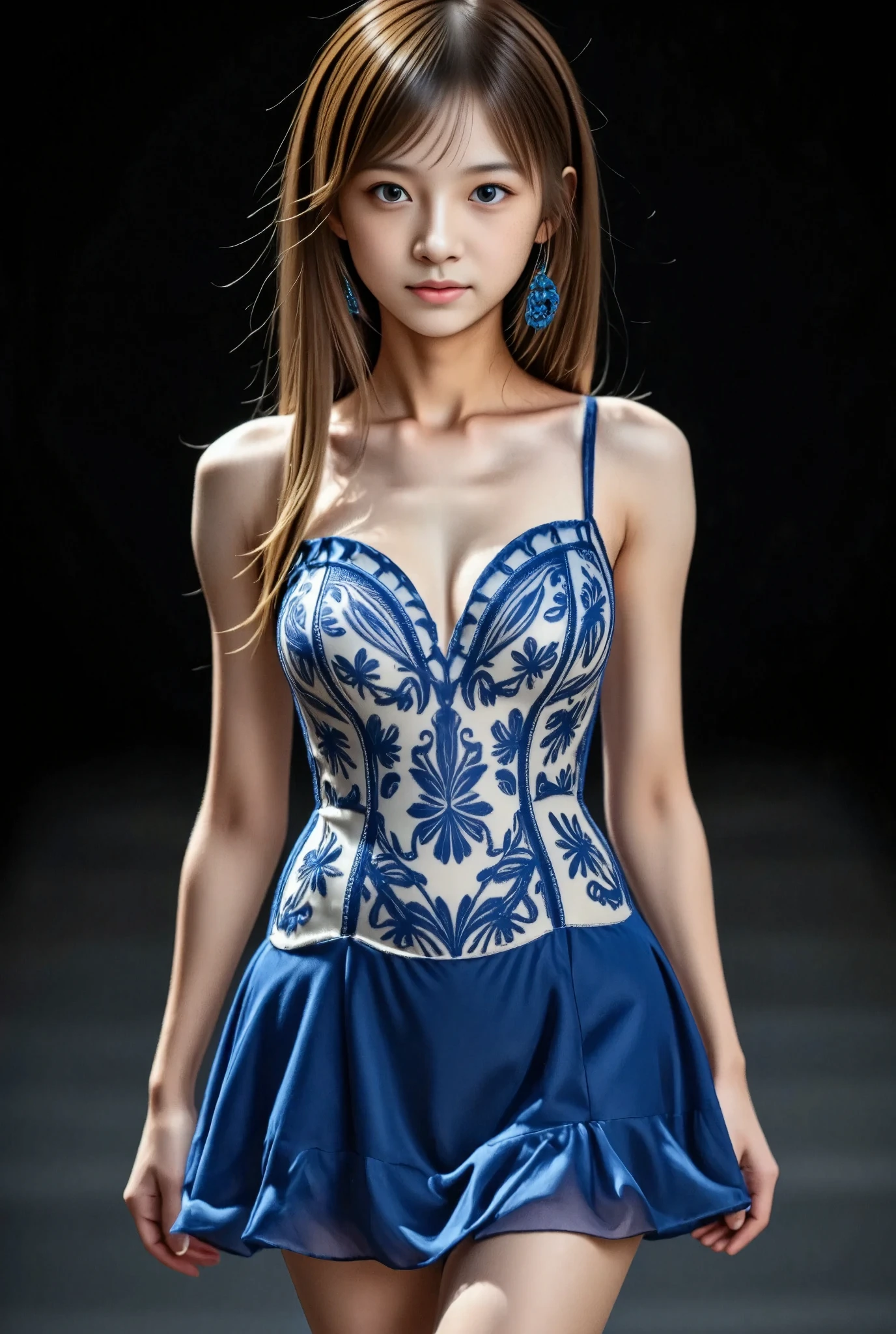 photo of Japanese girl, focus on the eyes, 1girl, long hair, platinum blonde curly hair, slim body shape, high contrast, detailed eyes, detailed hair, Position your eyes closer to your nose, 20yo,  

She wears a striking sleeveless short dress with an intricate blue floral pattern on a white background. The dress features a V-shaped open neckline and a ruffled hemline, adding texture and movement to her stride. The skirt is multi-layered and spreads horizontally. In addition, the lower layer of the skirt section is a transparent blue colour. Her black hair is swept back and she gazes forward with a concentrated expression. Large, bright blue earrings complement her outfit.

The background is dark, almost black, which highlights the model and her dress. The floor is a polished, lattice patterned reflective surface, reflecting light and adding depth to the image. The overall ambience is elegant and sophisticated, emphasising the designer's artistry and craftsmanship.