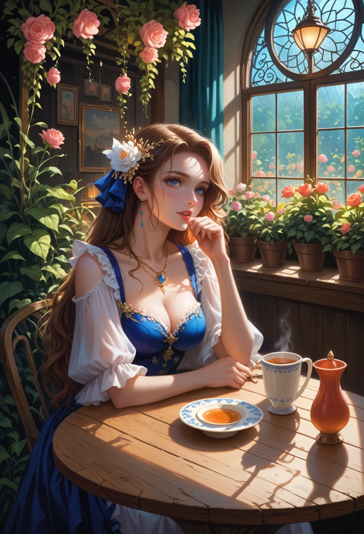 80sdarkfantasylora , score_9, score_8_up, score_7_up, source_anime, break, young woman,  Beautiful Sexy ,  Sitting at a table with a mug of tea,  Cute Cafe ,  miscellaneous decorations , plants,  flowers on the windowsill ,  Beautiful view from the window to the Street , soft shadows, warm light, bright colors, masterpiece,  Maximum Quality , fantasy,  complex details, 8 k, 