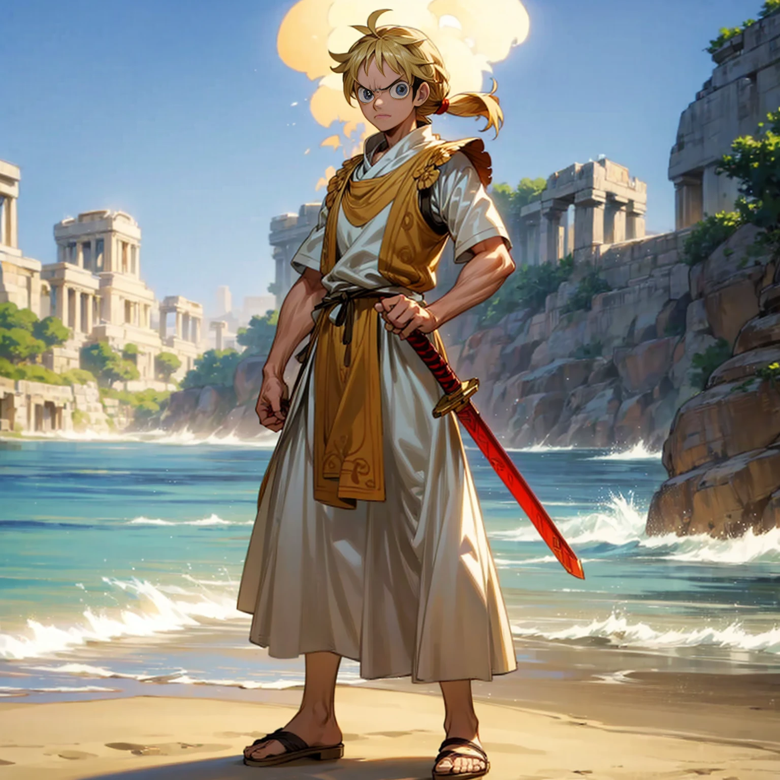 Solo character, straight man, muscle, Full body version, blue eyes, big eyes, Tan skin, long Shaggy hairstyle, blonde colour hair, ponytail, angry eyes, ancient Greek clothing, red colour clothing, ancient Greek sandals, sword in hand, armor vest, beach, island, outdoor, morning, standing gesture, detailed hair, detailed clothing, detailed background, (one piece style art, Doraemon style art)