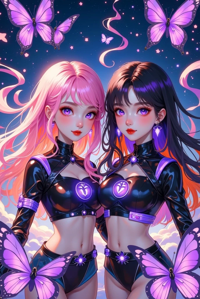  girl hair pink with black eyes pink and friend girl hair black with purple ,   butterfly purple particles  ,  ,  futuristic costume ,  cropped top below , Match icon ,  atmosphere with stars HD  
