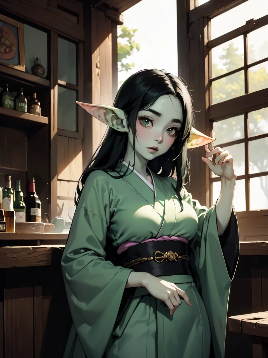 (best lighting) (best quality, masterpiece:1.2), (absurdres), wide portrait, alluring, ethereal, flirtatious, one woman, (((pale green skin))), ((goblin girl)), ((very long, straight black hair)), ((kimono)), (chubby)),((goblin)), (background traditional Japanese bar, nigh time)), diffused light, soft lighting, hazy,  cinematic