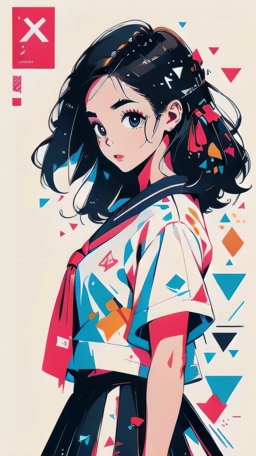 (masterpiece, Best Quality), (Alone:1.2), ( one Japanese woman :1.2), Female student, 32K Wallpapers, very detailed , Pop art style {x} Pop art style Posters, school uniform close to target, graphic design , Commercial Posters, Japanese high school sailor uniform:1.21, Short sleeve clothing, White short-sleeved sailor uniform :1.21, sera fuku:1.21, The upper body is a uniform :1.21, navy mini skirt, I can see your belly, Brown Hair, straight hair:1.21, Brown Eyes :1.5, (shape), (Abstract), ( Pop art style ), movie poster , (Portfolio), (close), (Bust Up), More Angles, ハイライツ, Heterochromia, (completion, Detailed face), extremely talented, ( The Most Complex Future ), ( Colorful color scheme ), ( Unlimited Details , device:1.37, Thermography), ( Very Pop Backgrounds ), (Texture:Grunge),