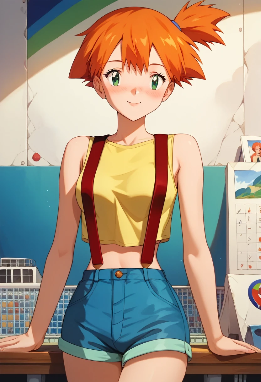 (master piece), (best quality), (8k), (ultra high resolution), (highest quality), (anime style), (best writing), (beautiful face), (masterpiece), (highest quality), (detailed beautiful face and eyes), (textile shading), (cowboy shot), 1girl, solo, 1girl, Mit, green eyes, orange hair, bangs, side ponytail, hair tie, short hair, yellow shirt, sleeveless, midriff, red suspenders, blue shorts, red sneakers, small breasts, beautiful breasts, blush, seductive smile, sexy pose,