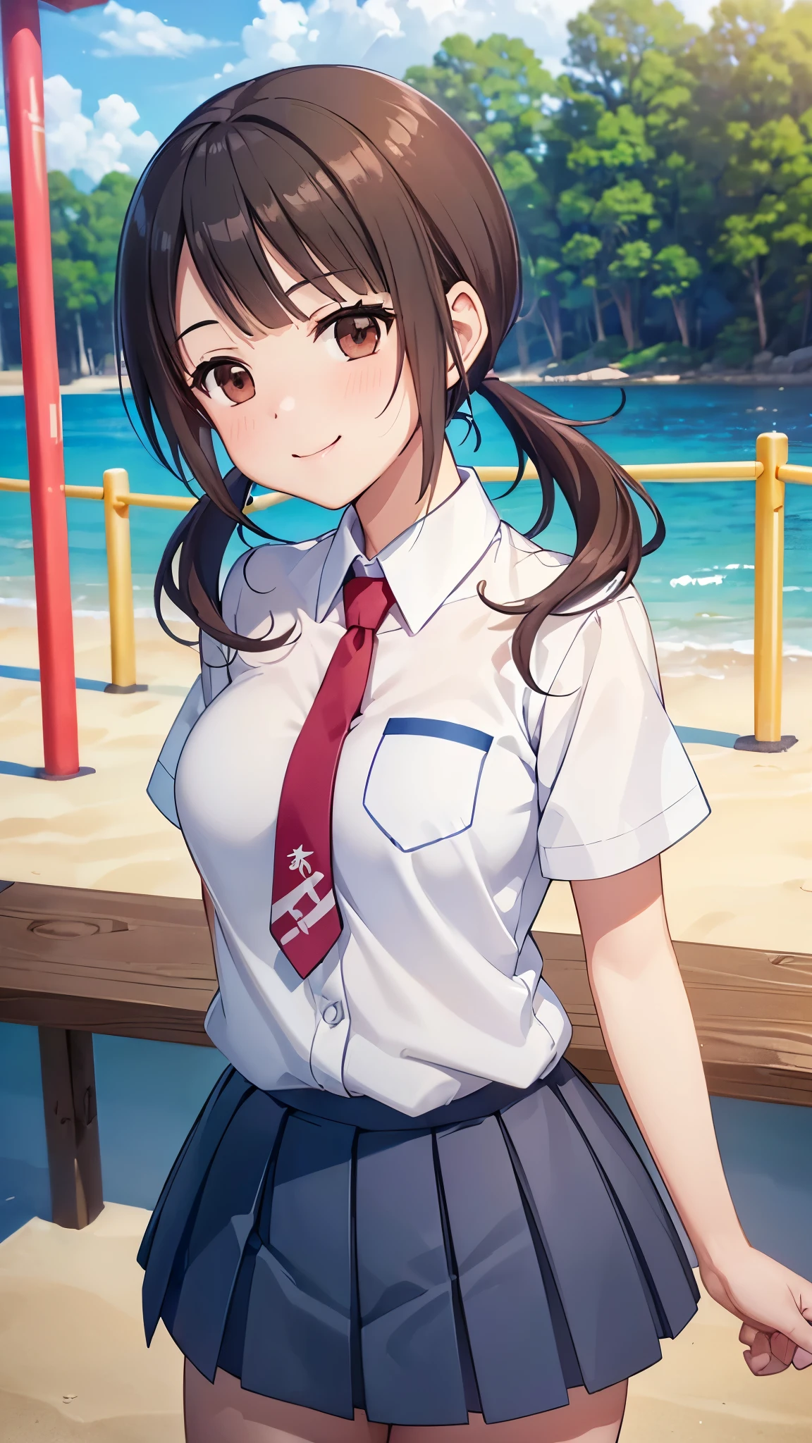 Sun shower,(16k, ultra high resolution,Best Quality,masterpiece, very detailed on playground equipment,Extremely clear CG),okitasawa, low twintails,white shirt, short sleeves, red necktie, blue skirt, anatomically correct body, very detailed on playground equipment顔の特徴, Beautiful and perfect face:, ((Open your mouth and say happy smile:1.3)),Japanese evening summer ,,coastal,Walking on the beach,((upper body Shot:1.3)), looking at the camera , front angle where you reach your hands narrowly,Place your right hand on your chest,Sun shower