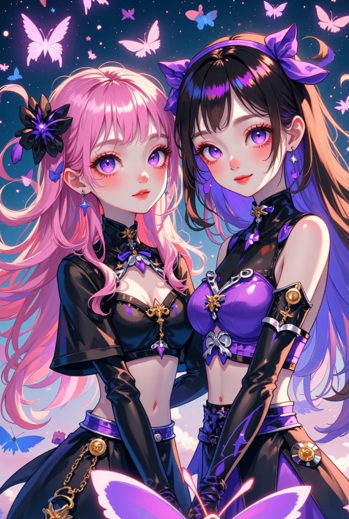  girl hair pink with black eyes pink and friend girl hair black with purple ,   butterfly purple particles  ,  ,  futuristic costume ,  cropped top below , Match icon ,  atmosphere with stars HD  
