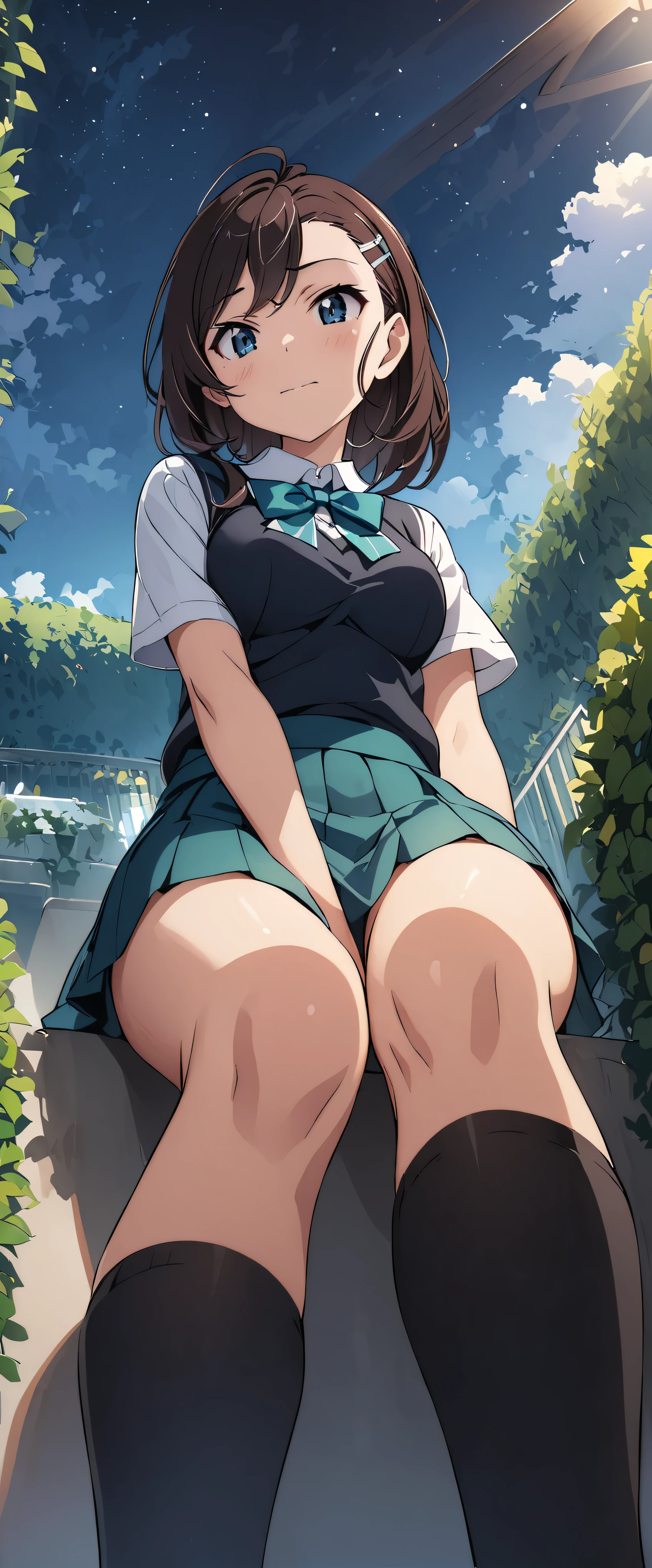 (((masterpiece)))、((Best Quality))、(Ultra-detailed)、(CG illustration)、(Very beautiful girl))、 cinematic light 、((1 Girl))、 、(Beautiful and luxurious:1.2)、(One Girl:1.3),garden,***************************,((Student Uniform, miniskirt in Shinjuku)), cute underwear,,Fits perfectly against the skin,skinny,Big Breasts,,(Extreme close-up of the cliffs from below)、(((From below、Between the legs、Head in the center of the screen、back、Between the legsをフォーカスします。:1.8))