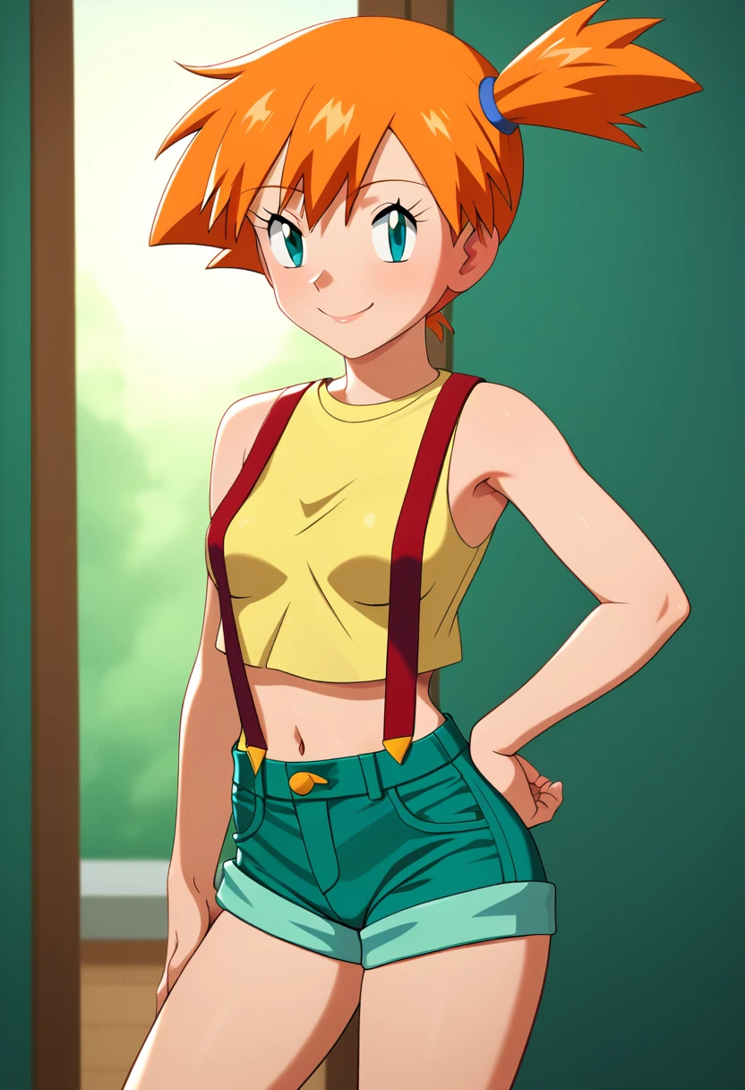 (master piece), (best quality), (8k), (ultra high resolution), (highest quality), (anime style), (best writing), (beautiful face), (masterpiece), (highest quality), (detailed beautiful face and eyes), (textile shading), (cowboy shot), 1girl, solo, 1girl, misty \(pokemon\), aqua eyes, orange hair, bangs, side ponytail, hair tie, short hair, yellow shirt, sleeveless, midriff, red suspenders, blue shorts, red sneakers, small breasts, beautiful breasts, seductive smile, sexy pose