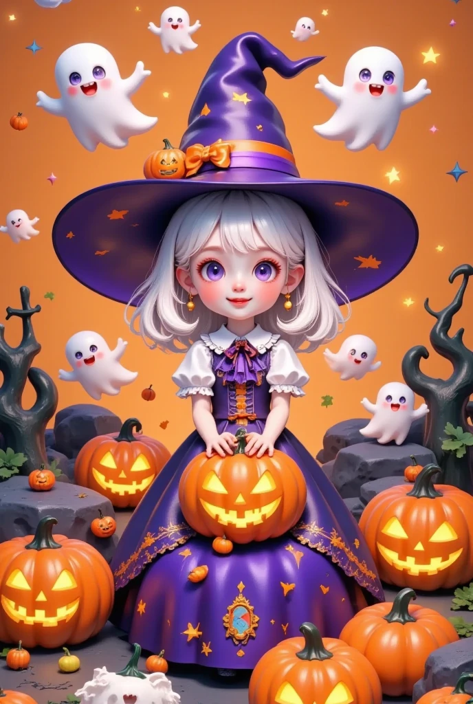 Cute Halloween theme, There are ghosts, pumpkins, Cartoon style, succinct, With high saturation color and orange background. It features clean composition, simple design, and 3D rendering, Movie poster style made in C4D - aspect ratio