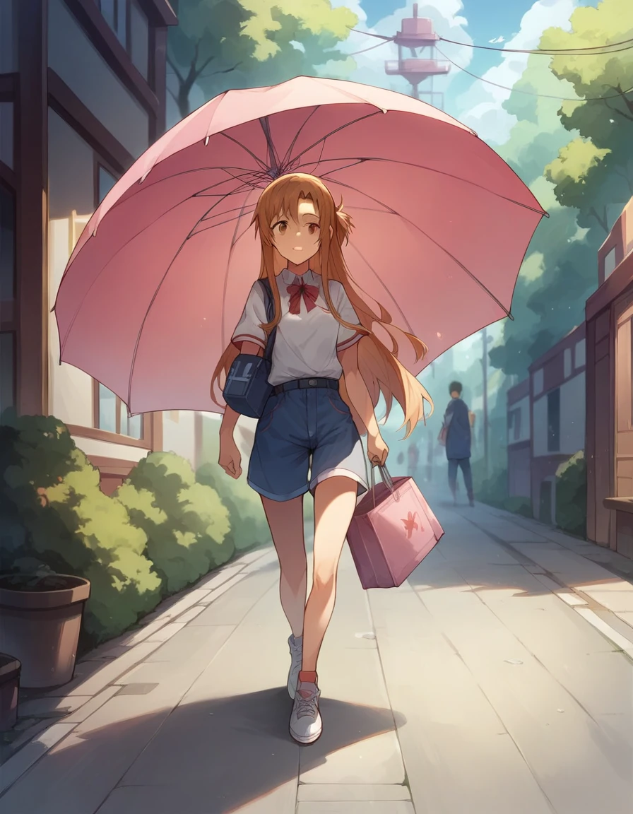 YUUKI ASUNA SAO Sword Art Online holding a pink umbrella walking on the street 