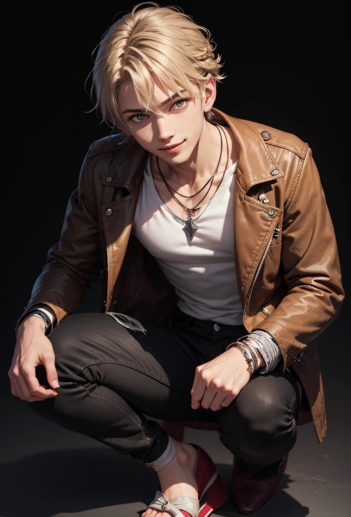 Masterpiece,1BOY, Solo, simple background, looking at viewer, light smile, metal necklace, kakuran, bandage, black pants, troublemaker, yankee, accessories, two-tone hair color with light brown, unique hairstyle, fashionable, french braid, simple background, black background, full body, odd eye