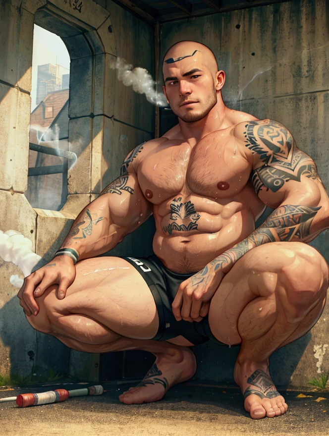 Best Quality、 Details、masterpiece、male、young、Shaved head、sweat、steam、tattoo on leg、Rugby Player、squatting、spread legs