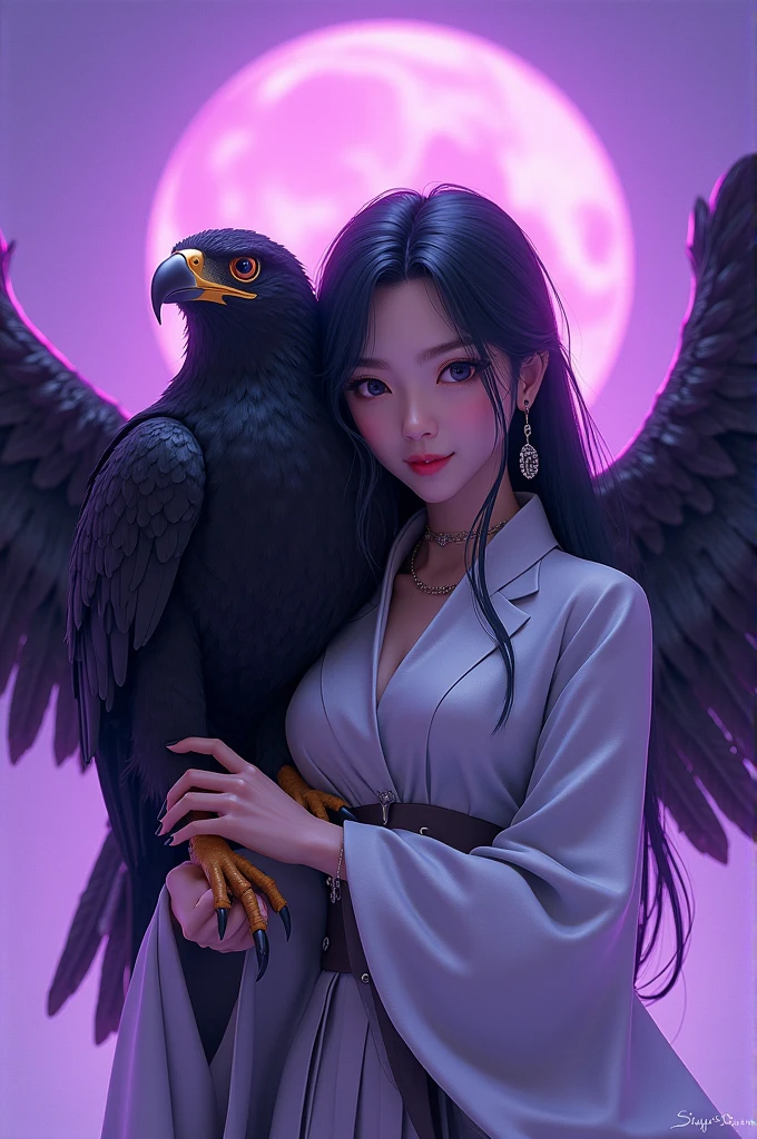 manhwa 3d Jeon Heejin with a Beautiful face, sexy face, smirk, wearing black suit, holding an eagle with an epic purple background