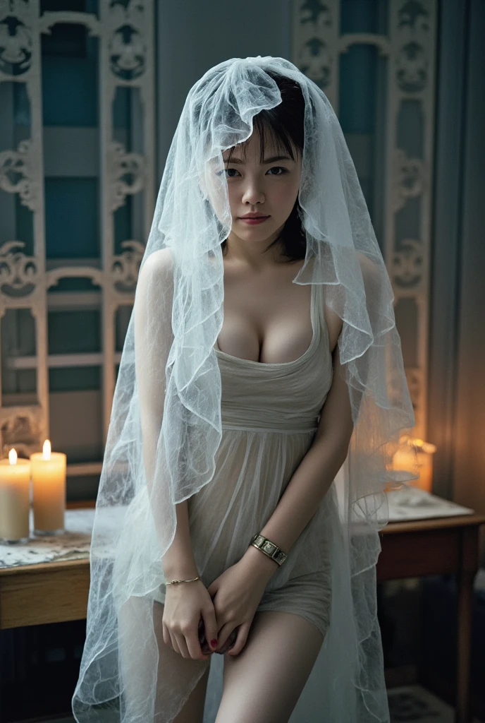 ghost, Sad look, Floating vaguely, Dim Western Style , Old paintings,  Flickering Candles ,  Sheer Silk Dress, White Veil