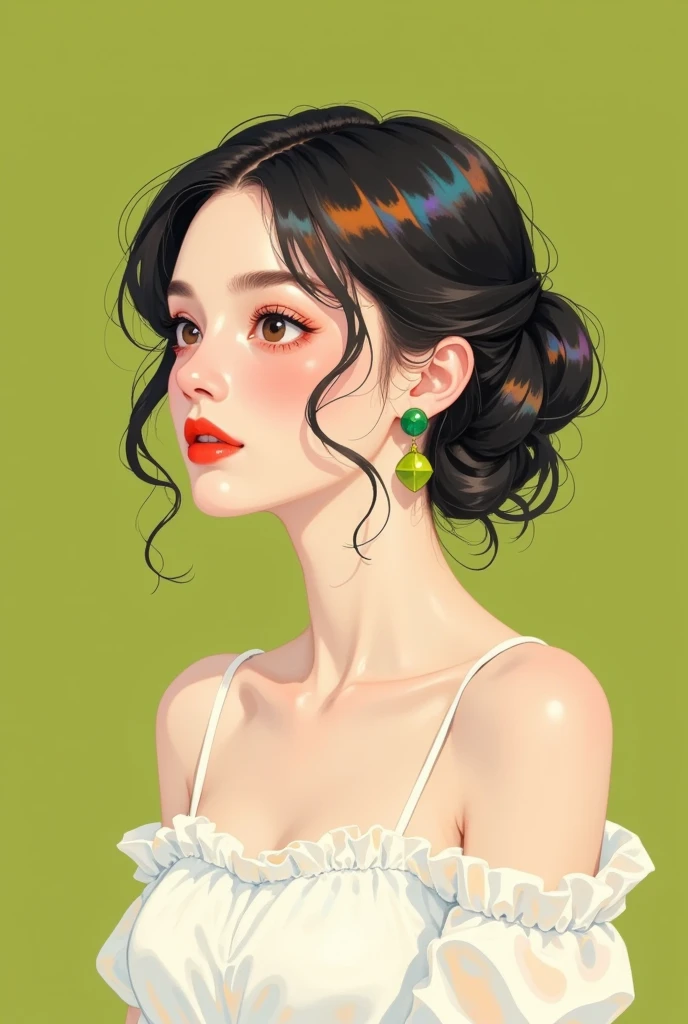 Flat illustration of a girl, background in avocado green, minimalist art, white dress, red lipstick, alluring gaze, green vintage earrings, profile view, soft lighting, muted tones, serene ambiance.