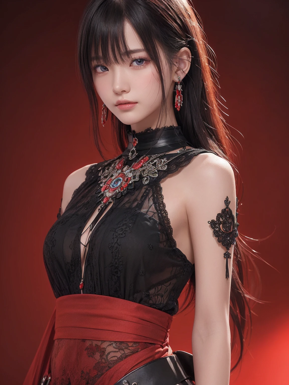 ((Best Quality)),(  ultra high resolution ),( very detailed ),( detailed explanation ),(( best CG )),(a masterpiece),Ultra-detailed art、See-Through 2.0、Outside the shoulder、 clevis、Red background、