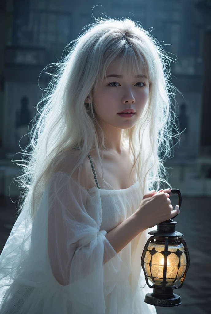 Bewitching Female Ghost , Long white hair, Delicate costume,  Old Lantern in Her Hand,  Thin Misty Forest , Dark Background,  Slightly Smiling Expression ,  Soft Pale Light 