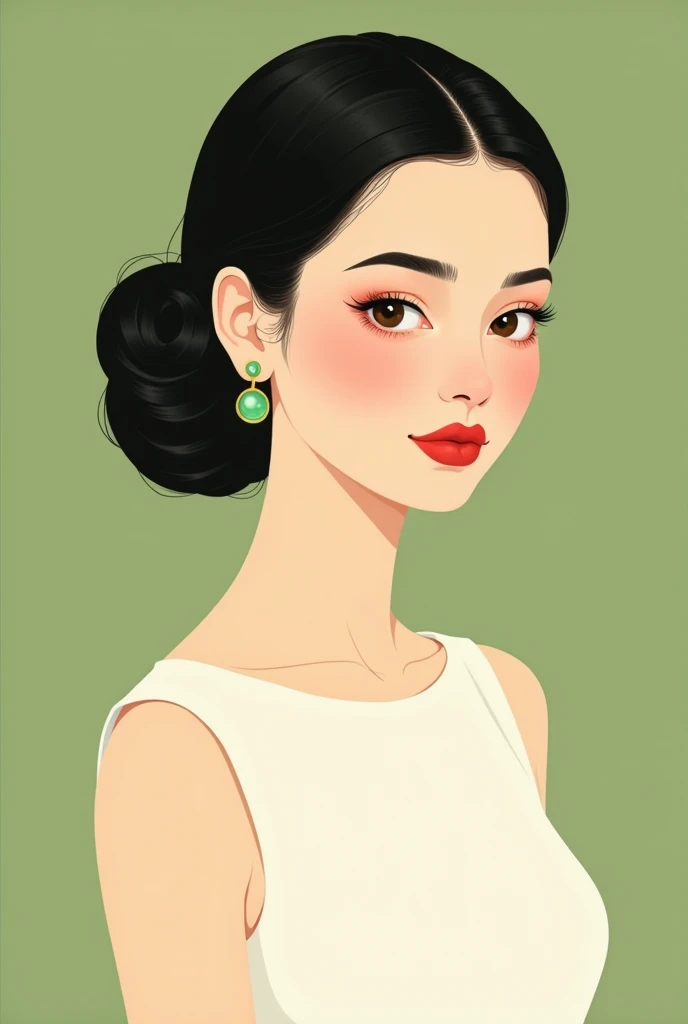 Flat illustration of a girl, background in avocado green, minimalist art, white dress, red lipstick, alluring gaze, green vintage earrings, profile view, soft lighting, muted tones, serene ambiance.