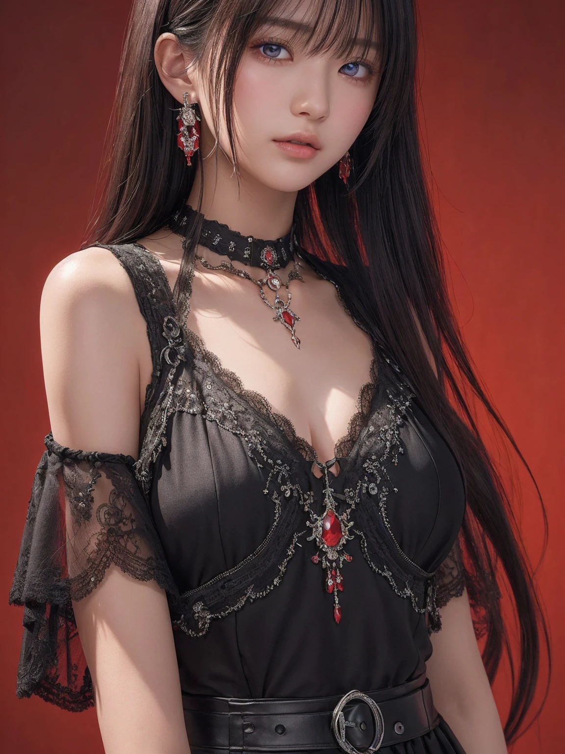 ((Best Quality)),(  ultra high resolution ),( very detailed ),( detailed explanation ),(( best CG )),(a masterpiece),Ultra-detailed art、See-Through 2.0、Outside the shoulder、 clevis、Red background、