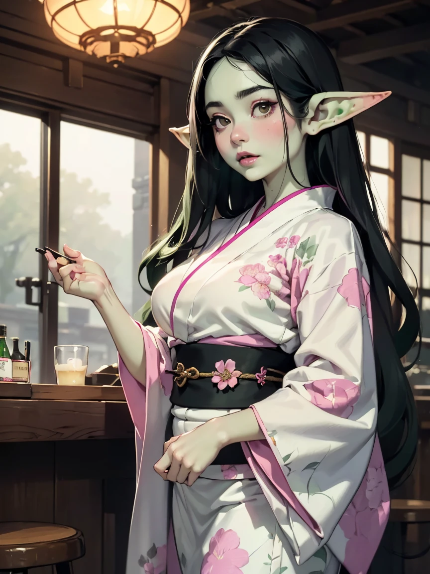 (best lighting) (best quality, masterpiece:1.2), (absurdres), wide portrait, alluring, ethereal, flirtatious, one woman, (((pale green skin))), ((goblin girl)), ((very long, straight black hair)), ((white and pink floral kimono)), (chubby)),((goblin)), (background traditional Japanese bar, nigh time)), diffused light, soft lighting, hazy,  cinematic