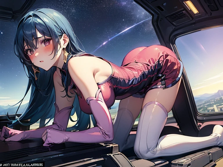 (all fours:1.5),  (from behind), ((hip focus)),　(looking back),  embarrassed, blush,  (from below), blurry background,
((Best Quality)), ((masterpiece)), ( Details),  1 girl,  sexy,Elegance at home,
blue hair,
dress,
thighhighs,
elbow gloves,
jewelry,
earrings,
(in the cockpit)++,police, scene, cosmos, (Beautiful space)+, Universe,