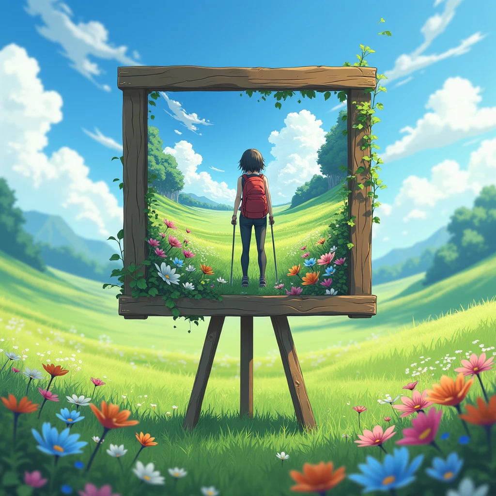 A wooden picture frame is placed on a tripod in a wide grassland filled with colorful flowers., フレーム内の視点は very detailed な写真です,  The outside view of the frame is an anime-style image, Back view of a woman looking into a picture frame, Hiker-style woman, Wear tight pants, A strange worldview, Parallel World Style, Space Distortion, (masterpiece:1.4), (Best Quality:1.4),  very detailed , Complex,  very detailed な, shape,colorful, Colorized,