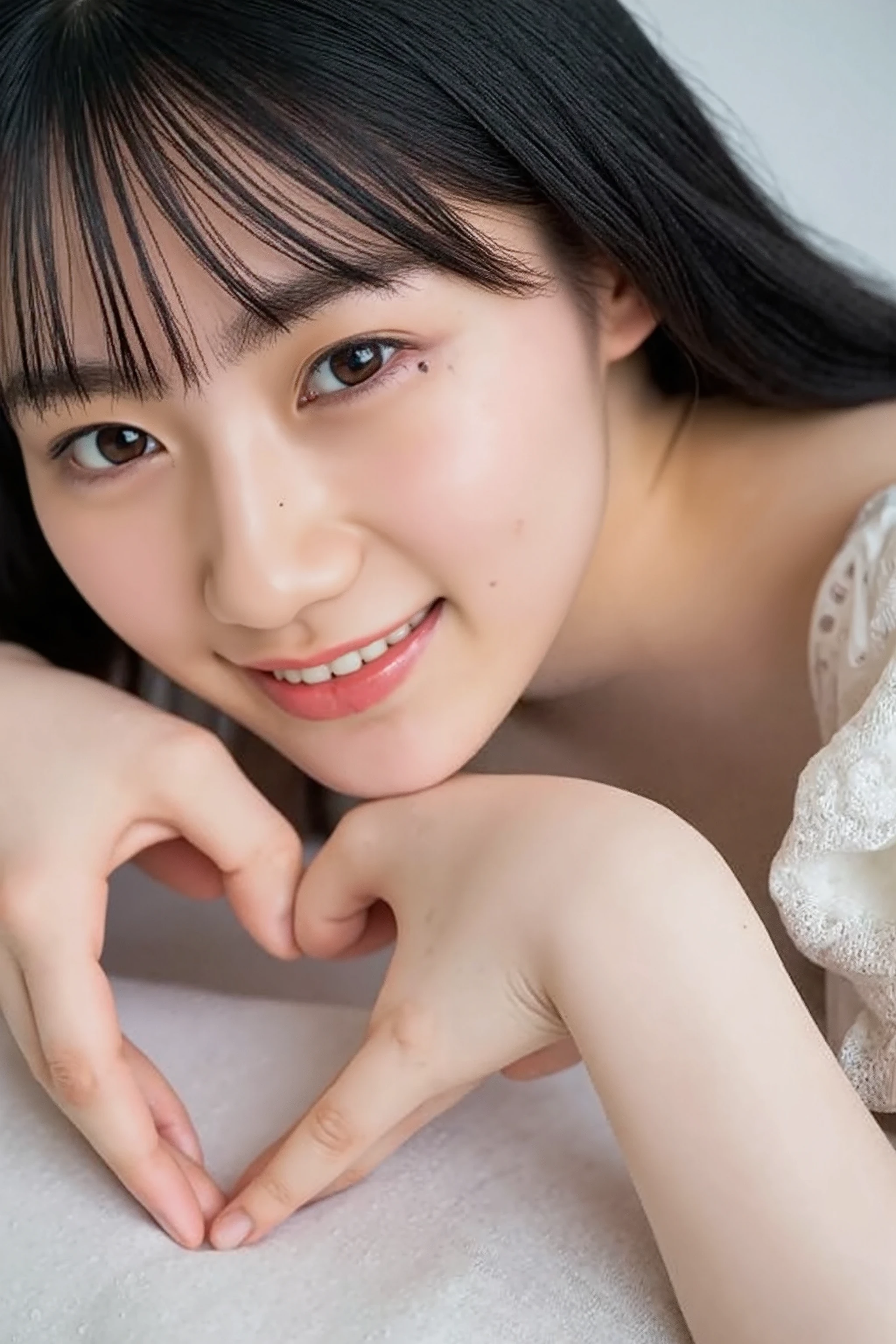 She is in a pose wearing a sexy camisole, making a firm big heart shape with both hands, and holding it in front of her chest, Close-up of a smiling face