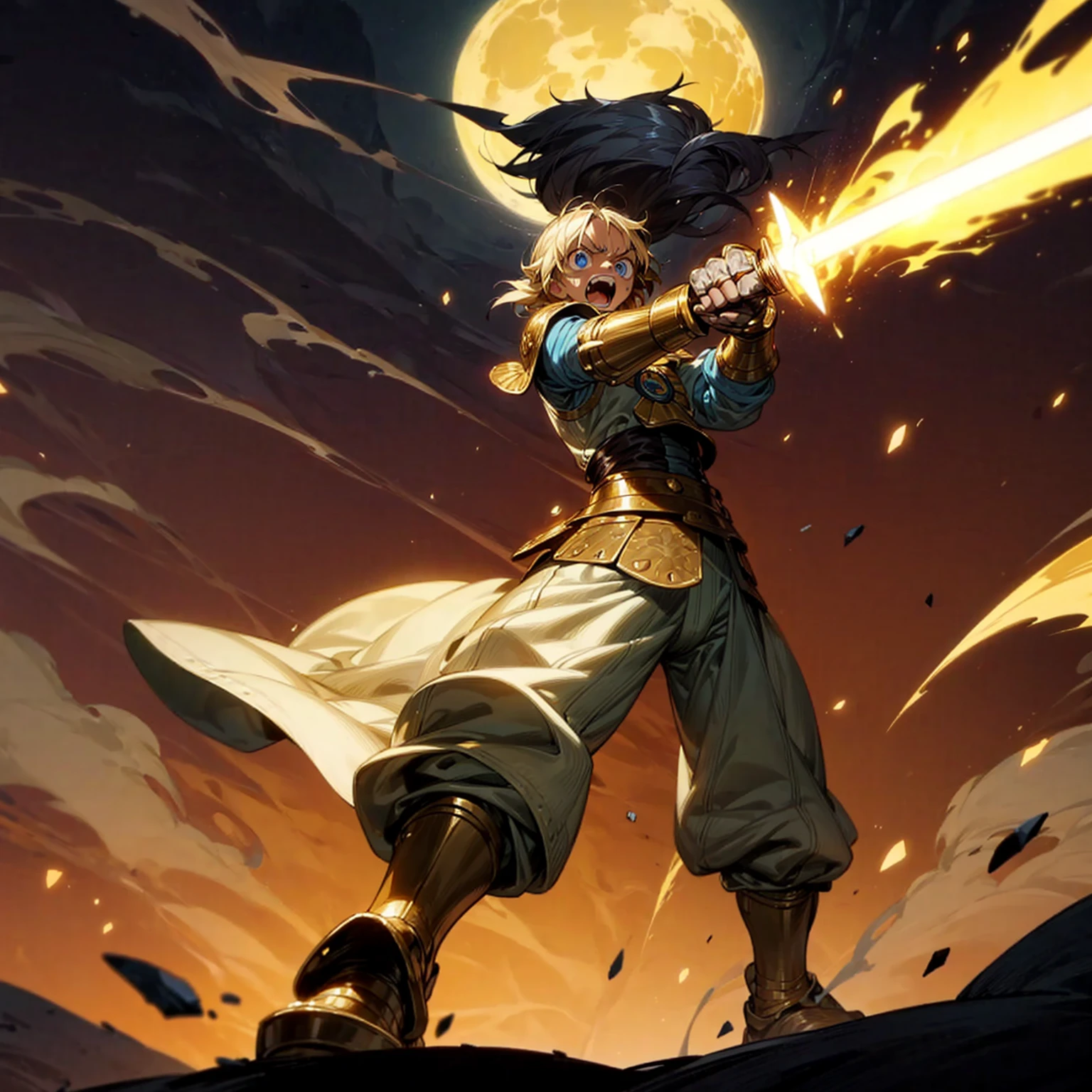 Solo character, man, muscle, Full body version, blue eyes, big eyes, Tan skin, long Shaggy hairstyle, blonde colour hair, angry eyes, boots, gold sword in hand, gold armor, heavy armored, island, outdoor, night, standing gesture, detailed hair, detailed clothing, detailed background, (one piece style art, Doraemon style art), smoke effect, glow effect on sword, glow effect, lighting, Moonlight, fire, blood on background, Final boss poses, templar knight custom, open mouth 