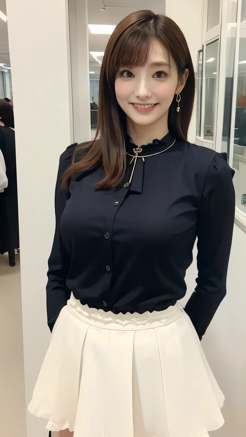 (Best Quality, masterpiece, Like the picture, super detailed, Ultra High Resolution, Born:1.3), (woman:1.8), beautiful, Mature, Age 30, (( short stature ,6 heads)) office workers, ( ultra mini skirt ,Frills:1.2), (Business shirts), (smile), (bangs), High waist,  necklace , ( office, indoor, Glass Room), ( cowboy shot), (Big Breasts:1.5), (crowd),serious