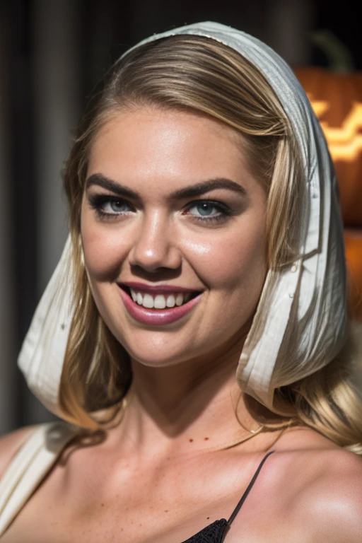 Kate Upton wearing loose Mummy costume, beautiful Mummy outfit, ((Detailed face:1.1, Detailed eyes, Beautiful Detailed Lips , Beautiful Skin)), blonde hair, Bright sexy smile, mummy cosplay, wearing white mummy wraps、wraps covering nipples, wraps covering vagina, exposed midriff, revealing mummy cosplay, (( Halloween, pumpkins)), trick or treating, sexy playful smile, (Best Quality:1.2, very detailed, super high definition, high contrast , masterpiece:1.2, Best aesthetics), Cinematic lighting, jack-o lanterns