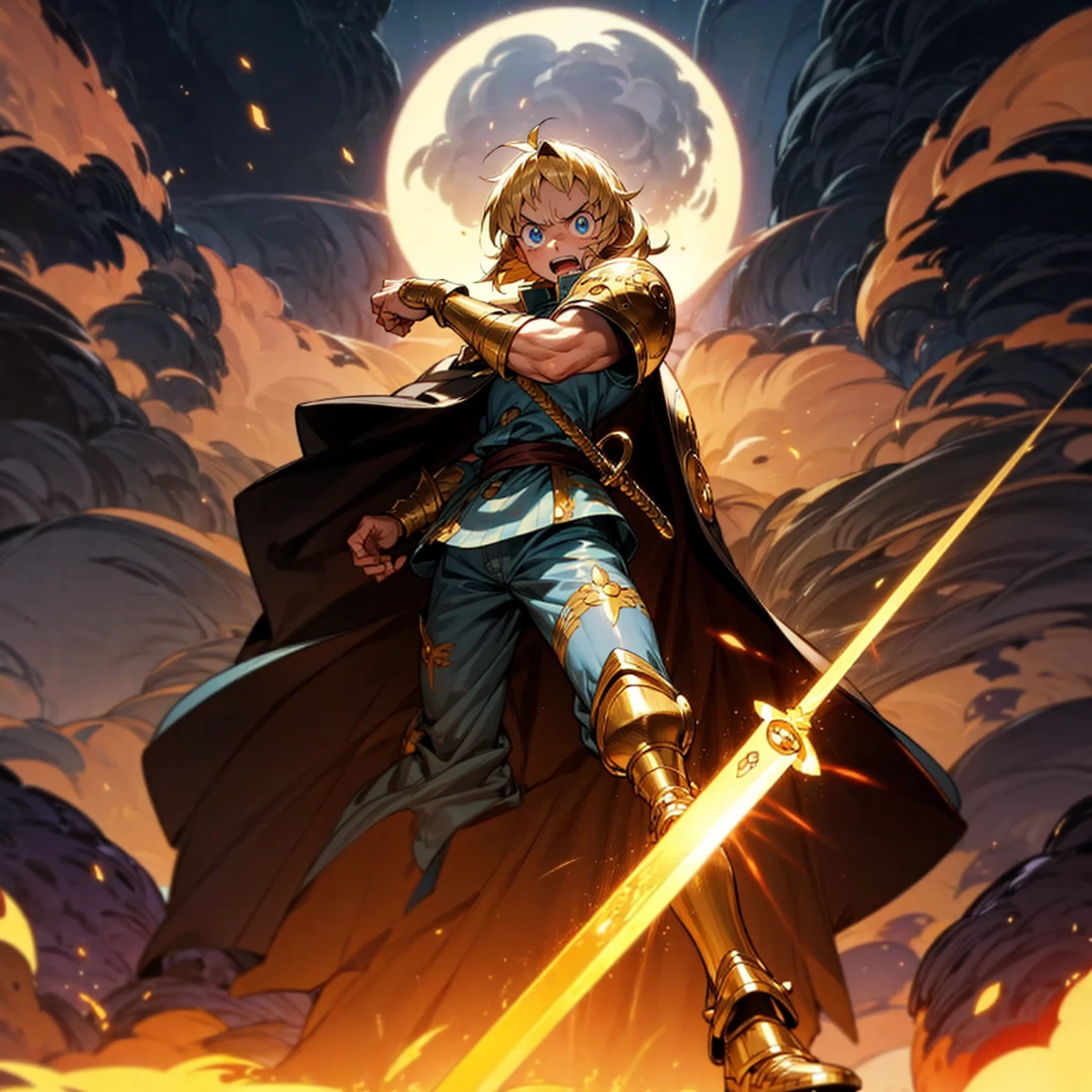 Solo character, man, muscle, Full body version, blue eyes, big eyes, Tan skin, long Shaggy hairstyle, blonde colour hair, angry eyes, boots, gold sword in hand, gold armor, heavy armored, island, outdoor, night, standing gesture, detailed hair, detailed clothing, detailed background, (one piece style art, Doraemon style art), smoke effect, glow effect on sword, glow effect, lighting, Moonlight, fire, blood on background, Final boss poses, templar knight custom, open mouth 