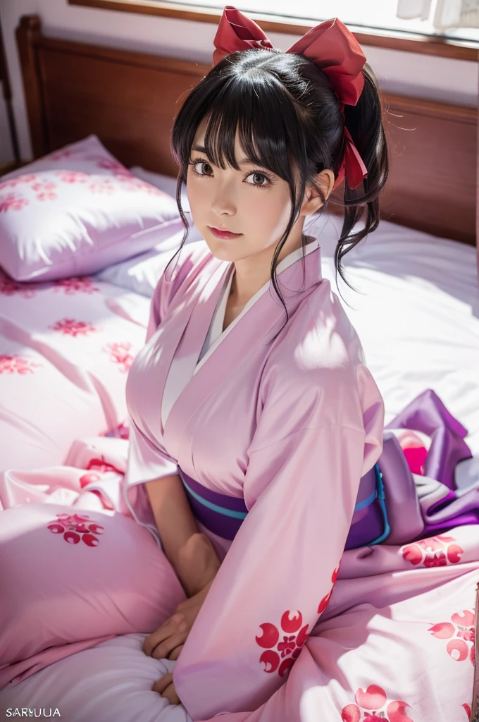 (8k, RAW Photos, Best Quality, masterpiece), (Photographically realistic), pov, ponytail with red big ribbon, ((sakura shinguuji, sakura wars)), ((gigantic breasts in clothes)), hakama, kimono, lying on the bed,