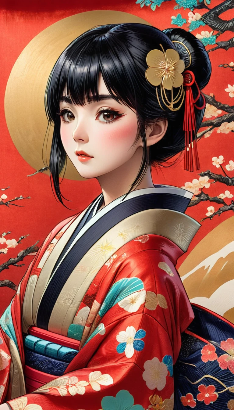  Japanese princess from the Sengoku period who was put to sleep on a colorful vinyl blanket 　、black straight hair 、hime_cut、blunt bangs、 red shiny haori
A traditional Japanese kimono worn by a super ultra-glossy Japanese princess from the Sengoku period with luxurious embroidery、Wearing a haori coat　She is an obi spin and her nipples are visible and blushes 