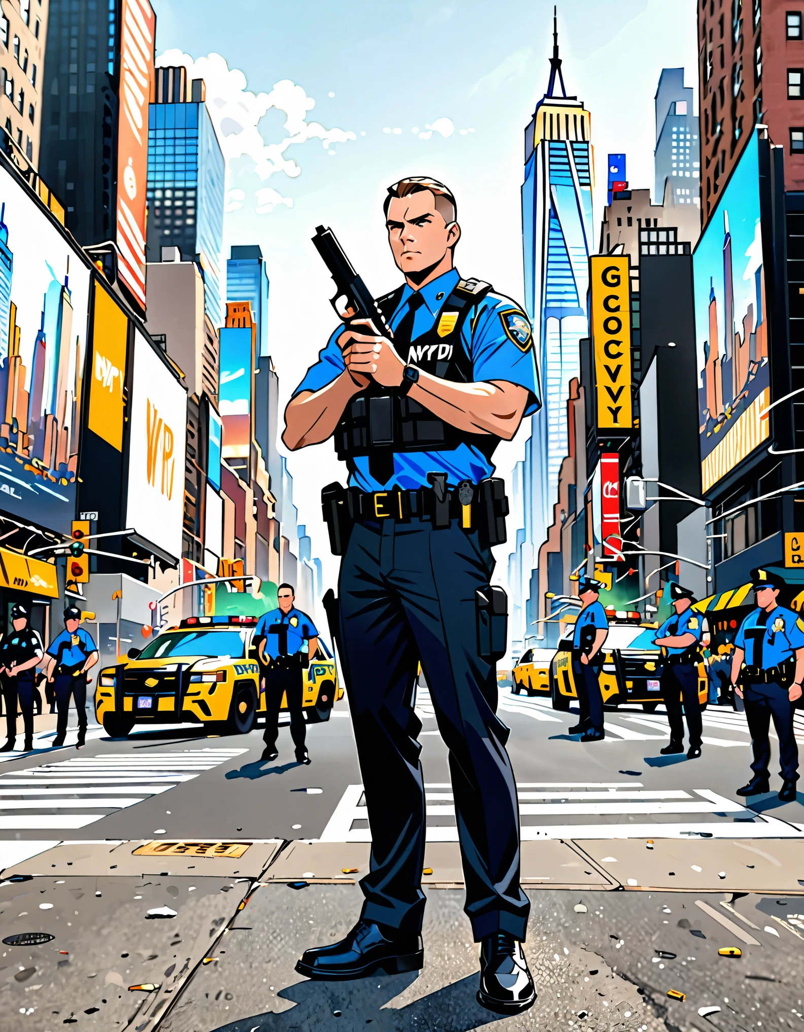 best quality, masterpiece, hires, 8k, solo, solo focus, 1male, male focus, NYPD officer holding a highly detailed pistol, Glock17, standing straight, New York backdrop, full body shot, reference sheet