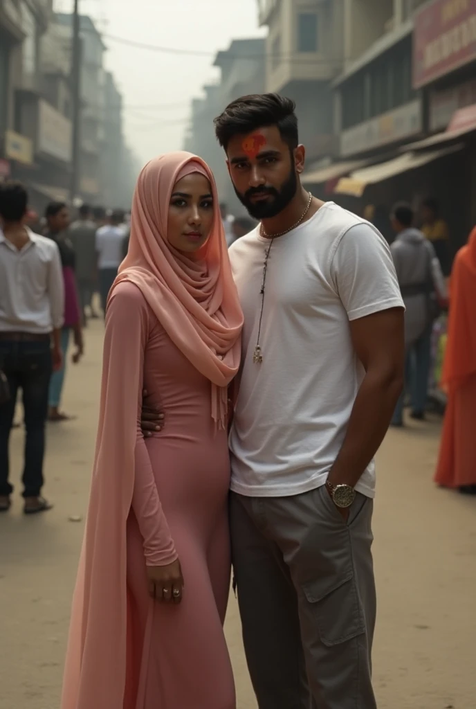 Beautiful women wearing black hijab saffron dress, muscular Hindu pandit kissing, on bike