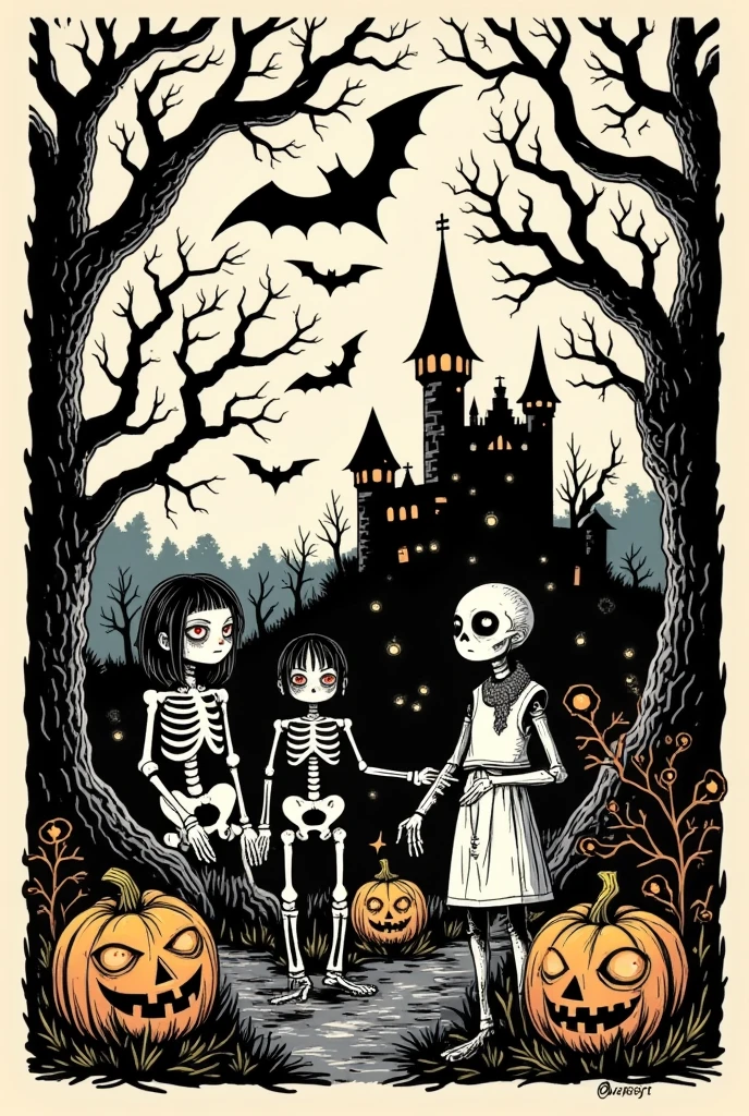 A woodcut depicting Halloween, Pumpkins, bats, skeletons, and a ruined castle.with tree branches in the background, creating a dark and eerie atmosphere. The scene has a surreal quality