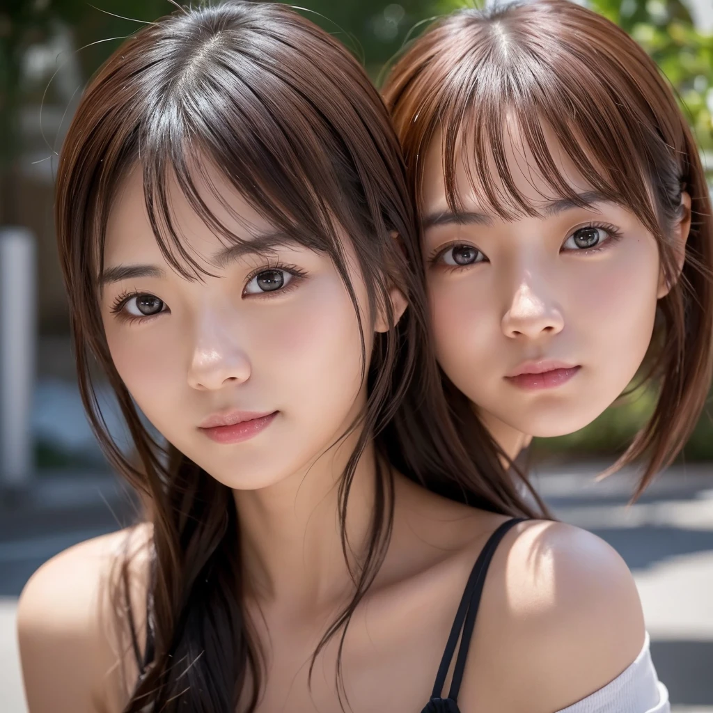 (Two Chinese stars with the style of royal sisters,duo,caressing the,Kissing), ((Best quality, 8K, Masterpiece: 1.3)), Focus: 1.2, Perfect body beauty: 1.4 , (funny expression), (Night Street: 1.3), Highly detailed face and skin texture, Fine eyes, Double eyelids, Whitens the skin, (Air bangs: 1.3), (face round: 1.5), (Thin strap top: 1.4),