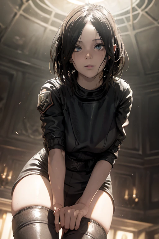  Details, Evelyn ( Resident Evil 7),   shiny lips,  shiny skin , from below,  look up ,  charming smile, Hollow Eyes, upright posture, Closed thighs, whole body,