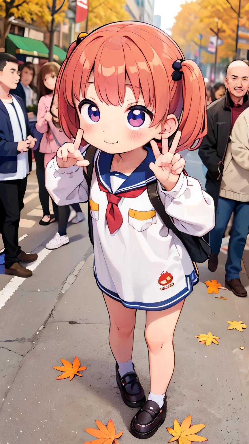 Best Quality，young very ，1 person々，A shy smile，Fisheye Lens，shy， very cute，baby face，Very short stature， flat chest，Sailor suit，Autumn shopping street，In the crowd，Autumn leaves，Cunning gestures，