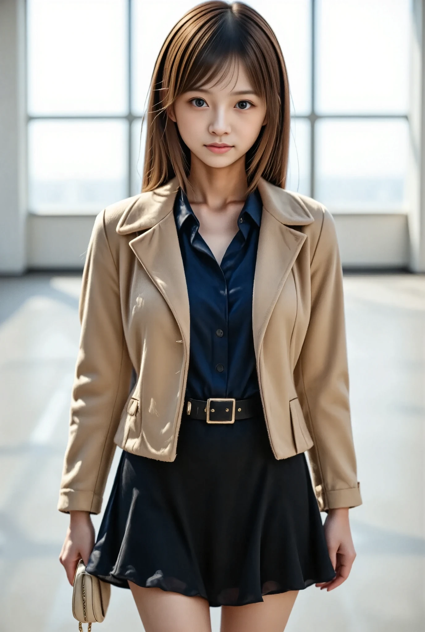 photo of Japanese girl, focus on the eyes, 1girl, long hair, platinum blonde curly hair, slim body shape, small buttocks, high contrast, detailed eyes, detailed hair, Position your eyes closer to your nose, 20yo,  

The image is a high-resolution photograph taken in a modern fashion runway setting. The runway is a sleek, polished concrete floor with a subtle reflective sheen. The background features a large, rectangular window with horizontal blinds, casting a soft, diffused light that illuminates the space. The model is centered in the frame, walking confidently towards the camera.

The model, a young woman with long, wavy blonde hair, is wearing a bold, avant-garde outfit. She has on a beige bomber jacket with a fur-trimmed hood, a black waist belt with a white buckle, and a black, high-waisted skirt that flares out at the hem. The skirt's texture appears to be a smooth, lightweight fabric, possibly cotton or a similar material. She pairs this with black ankle boots with brown accents, adding a touch of contrast to the outfit.

In her left hand, she carries a small, cream-colored clutch bag with a gold chain handle, adding a touch of luxury and sophistication. The overall look is a fusion of casual and high fashion, with a strong emphasis on texture and contrast. The model's expression is neutral, focused, and poised, reflecting the confident, modern attitude of the fashion show.