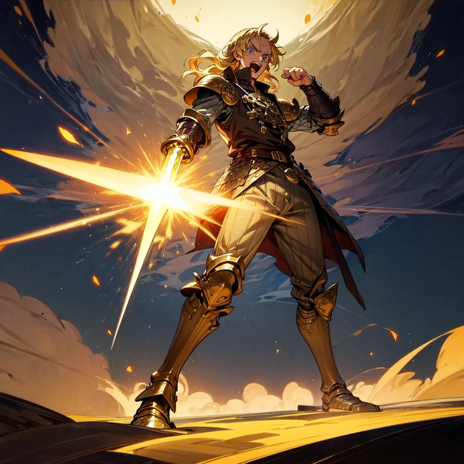 Solo character, middle aged man, tall,  muscle, Full body version, blue eyes, big eyes, Tan skin, long Shaggy hairstyle, blonde colour hair, angry eyes, boots, gold sword in hand, gold armor, heavy armored, island, outdoor, night, standing gesture, detailed hair, detailed clothing, detailed background, (one piece style art), smoke effect, glow effect on sword, glow effect, lighting, Moonlight, fire, blood on background, Final boss poses, templar knight custom, open mouth 