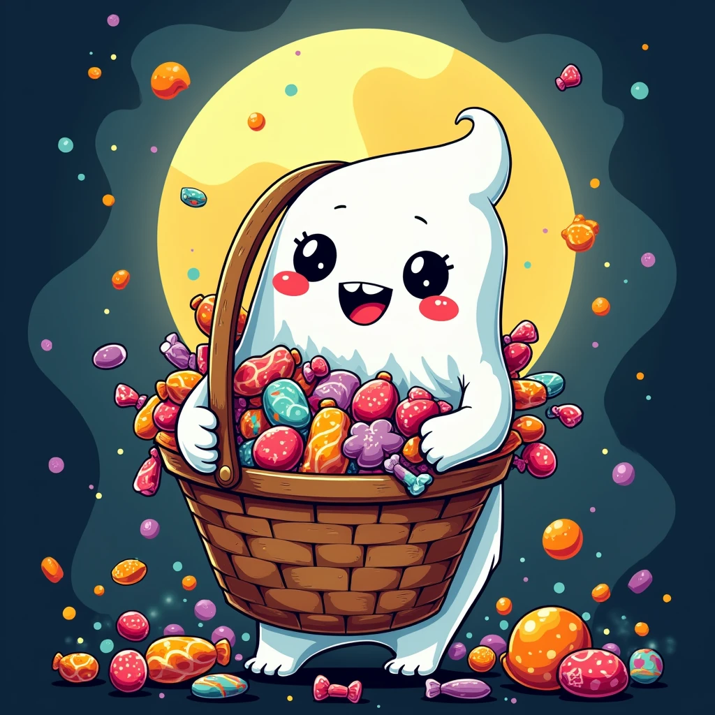 pop,Cute illustration,Ghost costume ,I can see people's hands and feet , I have a basket of candy, lots of candy , black background,full moon