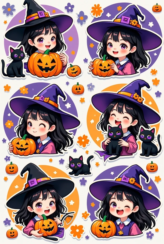 Stickers, Halloween, cute girl with black cat, wizard hat, various emotions and movements, exaggerated emoji, happy, sad, disappointed, expected, pumpkin, white bold lines and pumpkin background, minimalist Doodle in the style of Keith Haring, Bold outline style, high details, flat illustration