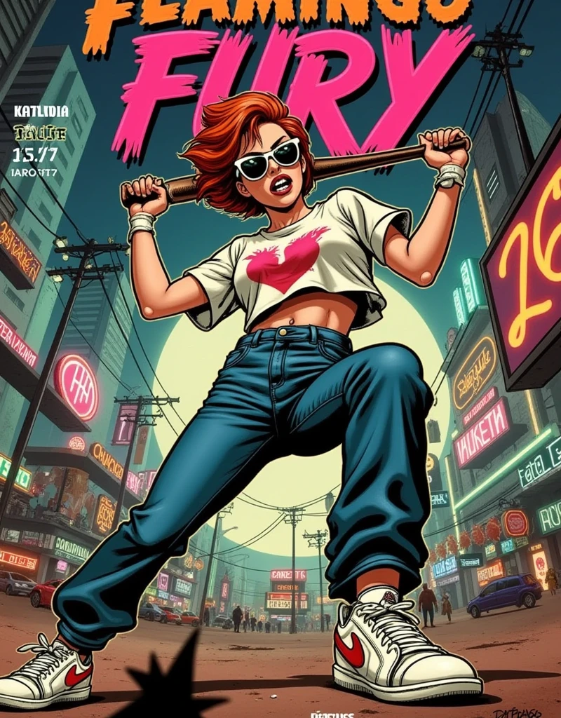  A 1940s comic book cover titled "Flamingo Fury" showcases a captivating, red-haired woman with a bold, modern edge. Her short, fiery red hair contrasts with the oversized sunglasses that reflect the glowing neon lights of a sprawling cyberpunk city behind her. She’s dressed in a loose, flamingo-printed T-shirt, baggy jeans, and worn Nike sneakers, giving her a laid-back yet rebellious vibe.

The cover uses a striking fish-eye lens perspective that warps the scene dynamically, emphasizing her face as the central focus. She grips a baseball bat with both hands, the bat almost leaping out of the frame due to the exaggerated angle. Her expression is fierce and determined, adding intensity to her poised stance. The fish-eye effect distorts the bat, making it seem even larger and closer to the viewer, while her body curves in a dynamic, action-filled pose.

The background features a cyberpunk cityscape, with towering buildings, electric wires, and neon signs glowing in shades of pink, blue, and green, curving slightly around the edges of the frame due to the fish-eye lens effect. 

At the top, the title "Flamingo Fury" is emblazoned in bold, vintage lettering, surrounded by energetic action lines and bursts that reflect the explosive energy of the scene. The issue number and comic book logo are placed in the lower corner, completing the traditional elements of a 1940s comic book cover.

The fish-eye lens perspective, vibrant neon colors, and futuristic yet retro aesthetic make this a dynamic and visually stunning 1940s-style comic cover, blending the energy of a cyberpunk world with the charm of vintage comics.