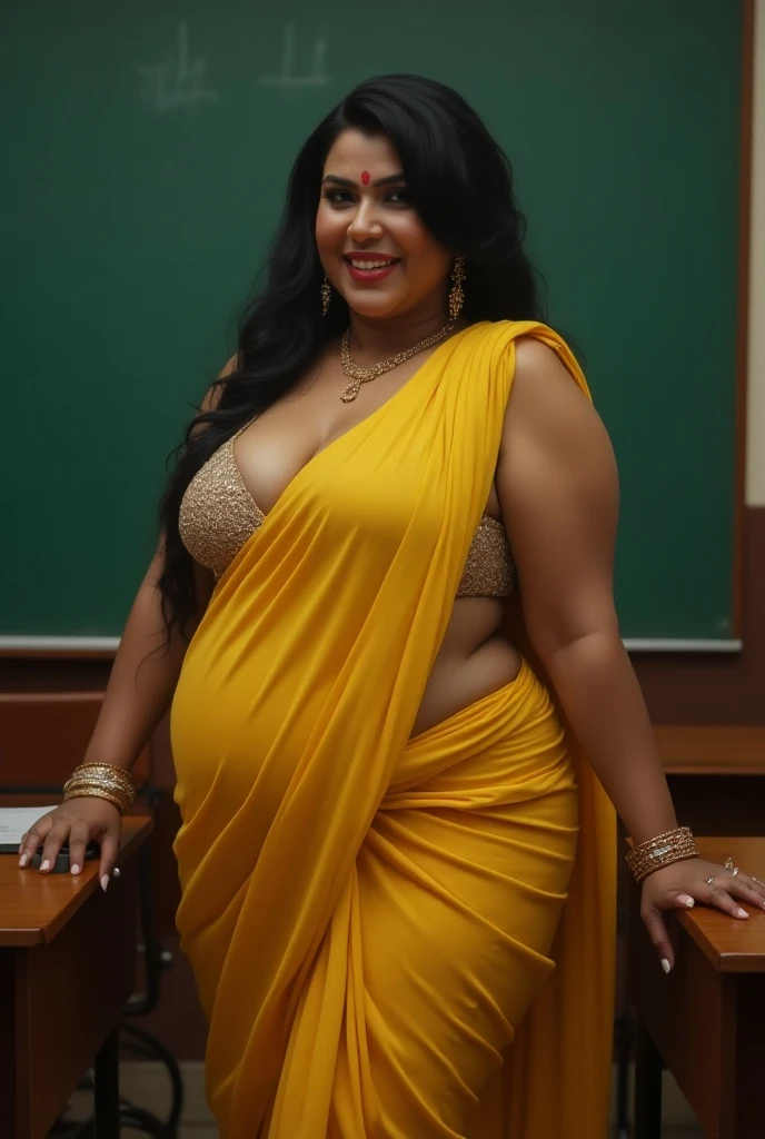 india's hottest teacher, wearing a sexy saree, sexy, teaching in the classroom, at school, big , chubby, curvy body, full body picture
