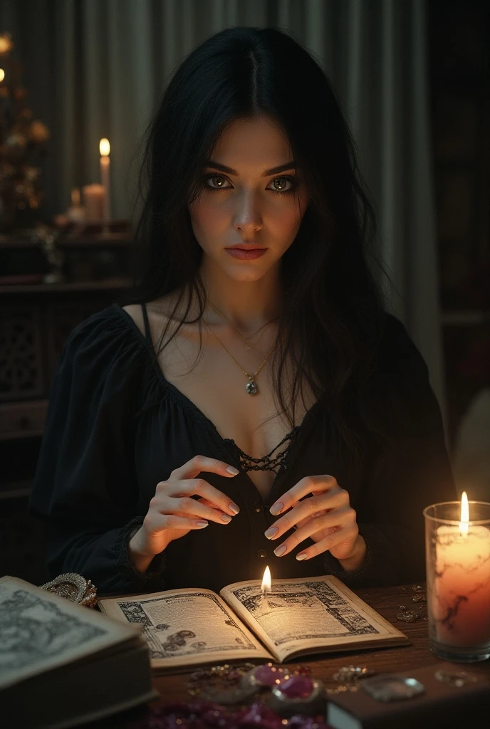 create a woman, Curly tarot reader with wide nose and cheeks
