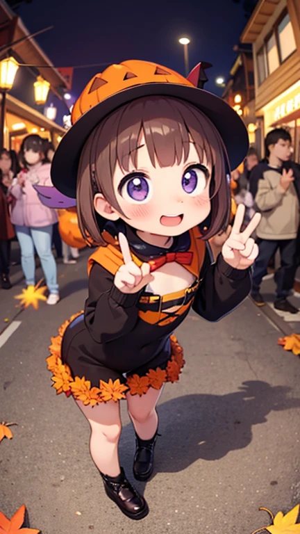 Best Quality，young very ，1 person々，A shy smile，Fisheye Lens，shy， very cute，baby face，Very short stature， flat chest， Halloween Costumes and Hats，Autumn Shopping Street at Night ，In the crowd，Autumn leaves，Halloween Decorations ，Cunning gestures，