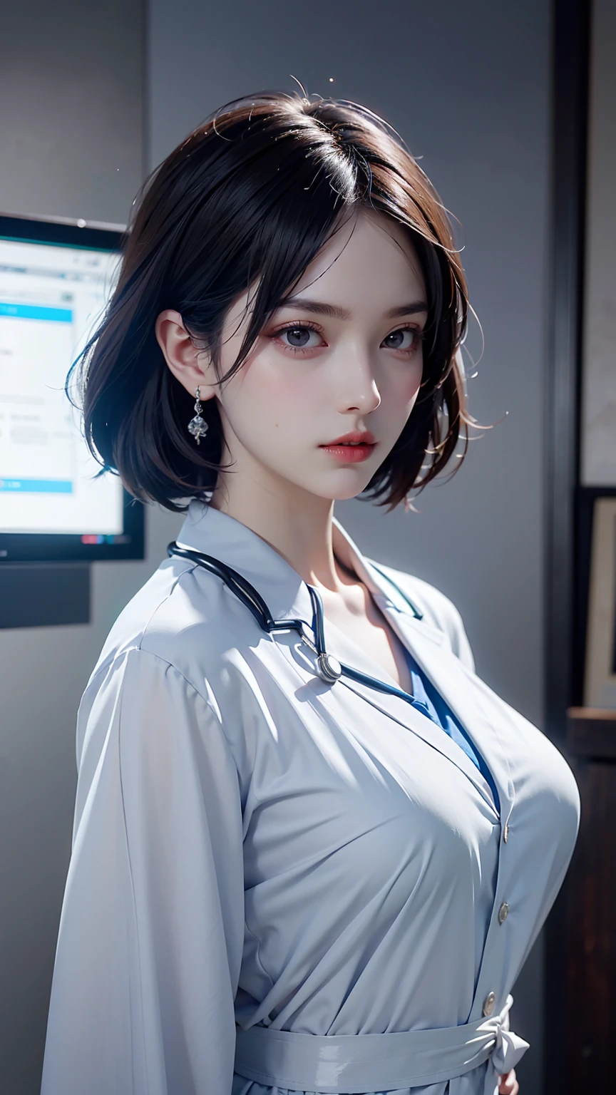 a beautiful female doctor with large breasts, detailed facial features, perfectly realistic skin and anatomy, elegant medical attire, detailed hospital setting, dramatic lighting, photorealistic, cinematic composition, vibrant colors, masterpiece, best quality, 8k