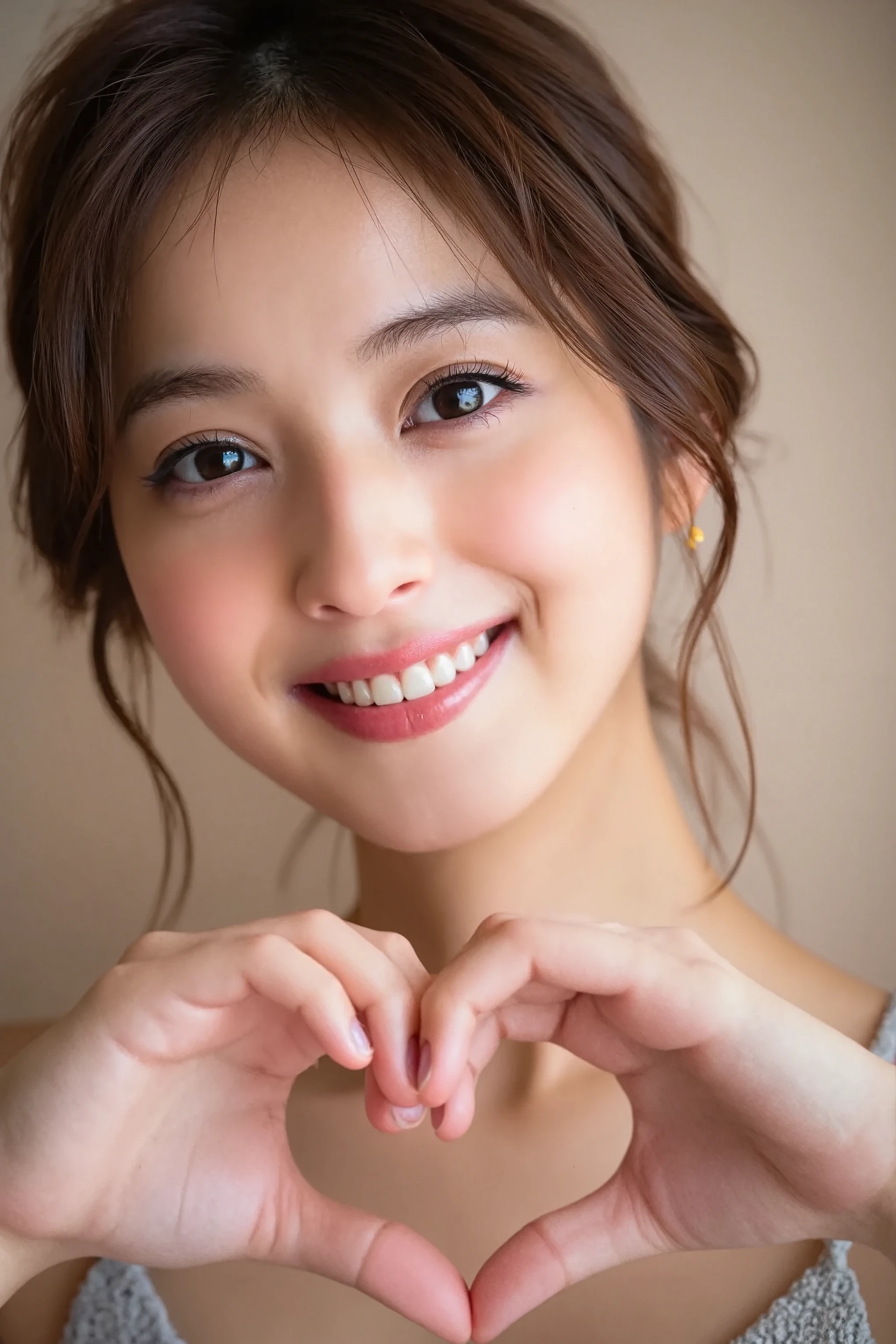 She is in a pose wearing a sexy camisole, making a firm big heart shape with both hands, and holding it in front of her chest, Close-up of a smiling face