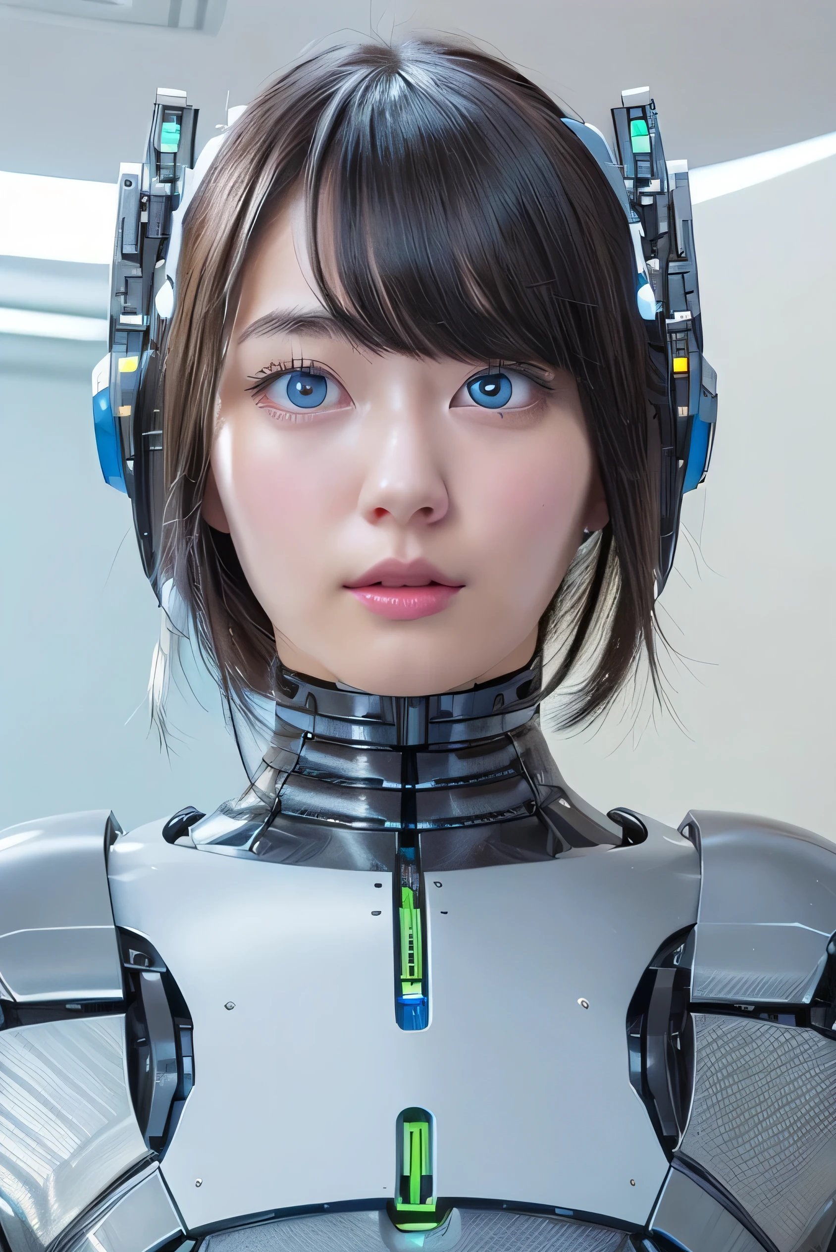 masterpiece, best quality, extremely detailed,  Japaese android girl,Plump , control panels,android,Droid,Mechanical Hand, Robot arms and legs, Black Robot Parts,Black hair,Mechanical body,Blunt bangs,White robotics parts,perfect robot girl,future information counter,reception,long tube,thick cable connected her neck,ceramic body ,mechanical body,mechanical costume,android,robot,humanoid,cyborg,information office,japanese android receptionist ,mechanical chest,blue eyes,office-lady